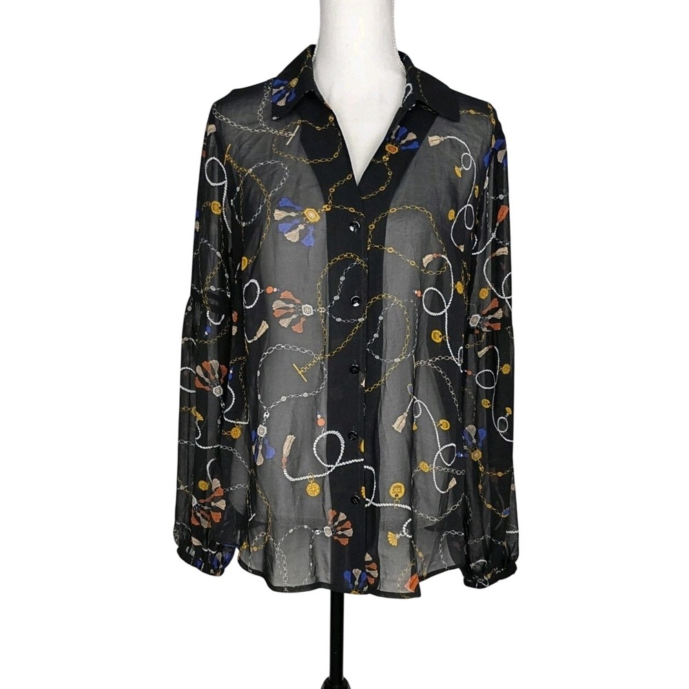 Cabi Victoria Balloon Sleeve Sheer Blouse Size M Black Tassle Chain Detail #3861
